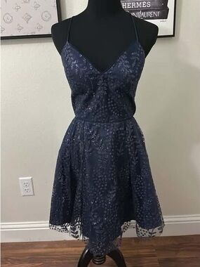 Navy Lace Fit-and-Flare Dress with Spaghetti Straps